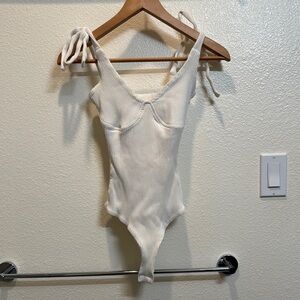 White Ribbed Tie-Strap Bodysuit